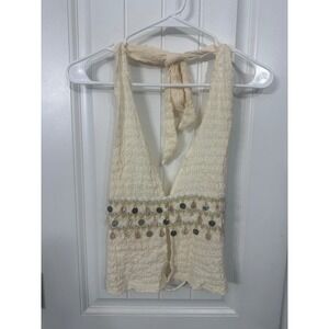 Cream Crinkle Halter Top with Cowrie Shell and Coin Charms Boho Festival Size M